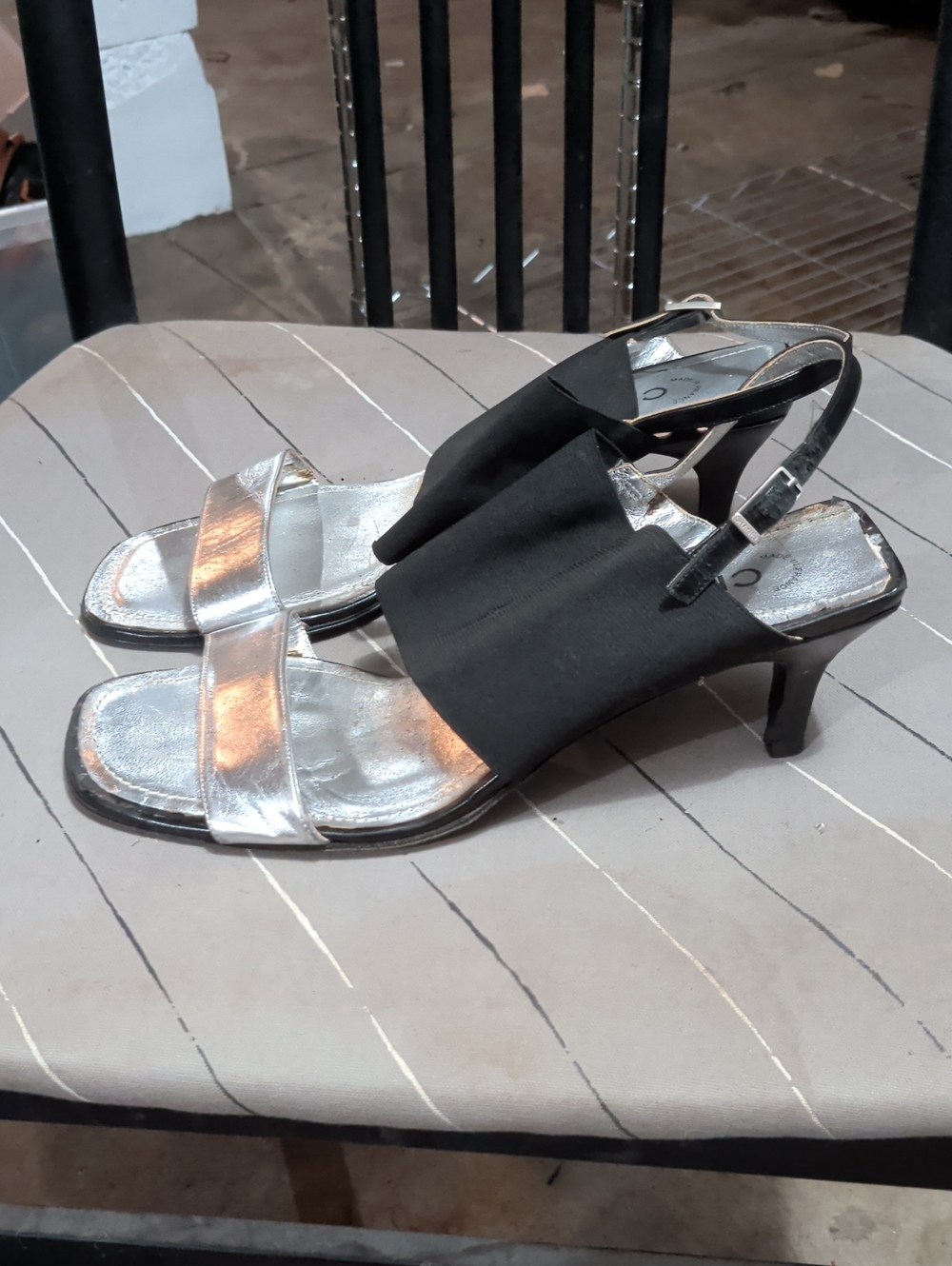 CHANEL Black and Silver Slingback Kitten Heels